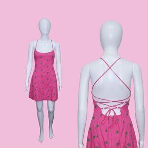 1990s. Vintage BETSEY JOHNSON. Cotton Hot Pink EMBROIDERED Green Flowers. Floral